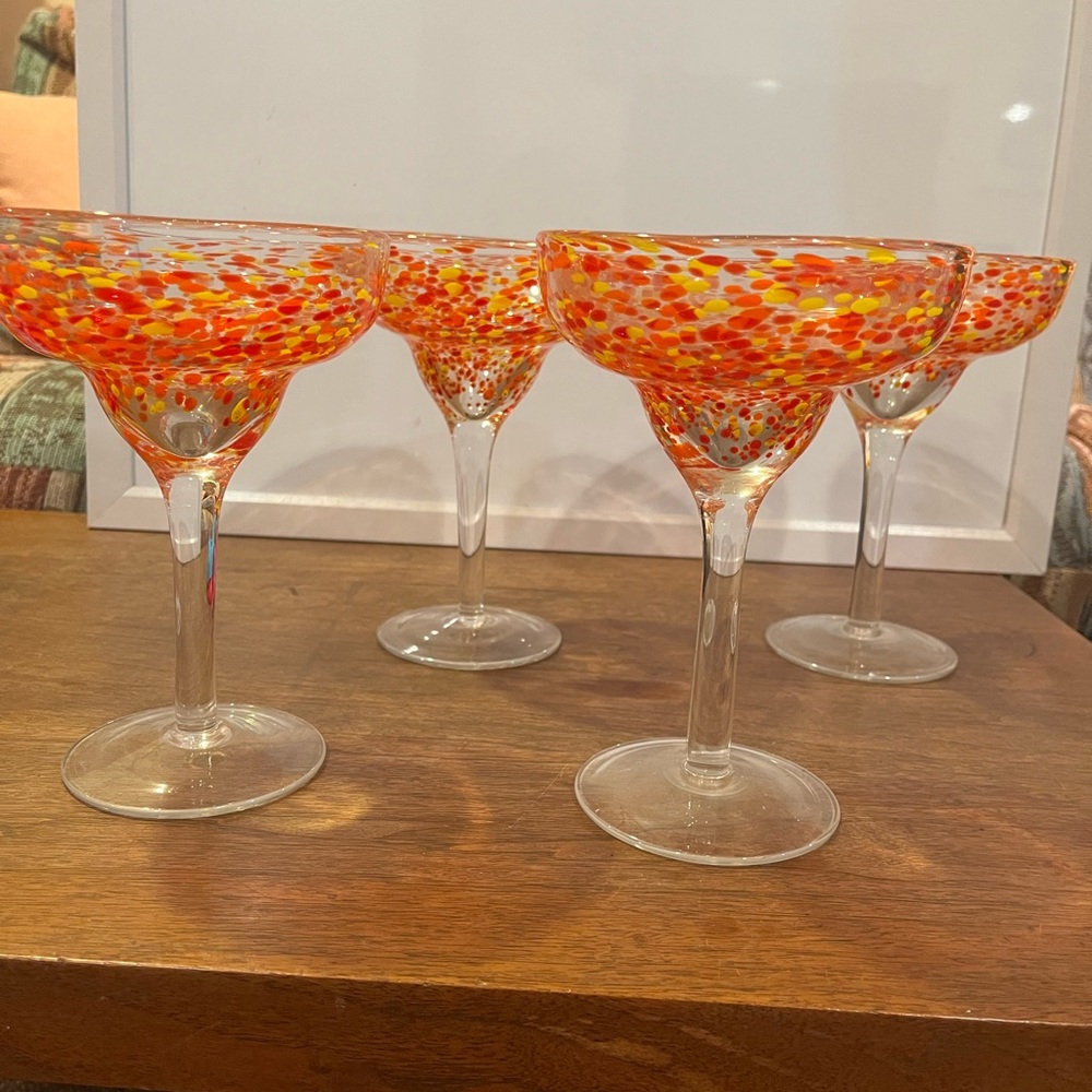 Hand blown glass Margarita glasses 7 1/2 inches tall. Set of 4